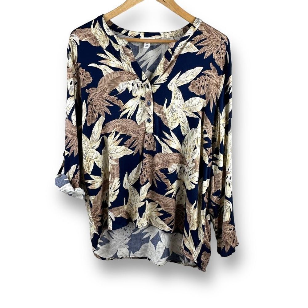 Tribal Womens Roll Tab Sleeve‎ Leaf Print Stretch Button Up Blue Tan Medium